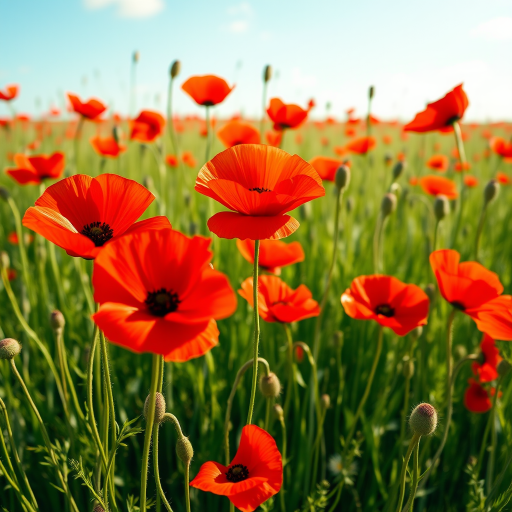 Create a vibrant illustration of red poppy flowers in a field, using a DSLR camera with a 50mm lens, aperture f/2.8, ISO 100, shot from eye level to capture detail and depth.