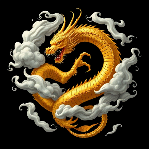 Create a majestic golden dragon entwined in swirling clouds against a black background, full-body view; use a DSLR camera with a 50mm lens, aperture f/1.8, ISO 100, and a 1/200s shutter speed for high detail and clarity.
