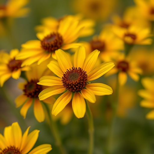 Close-up of vibrant yellow and brown flowers in a soft-focus background, captured with a DSLR camera at f/2.8 aperture, 50mm lens, ISO 100, 1/200s shutter speed, natural lighting for enhanced color depth and detail.