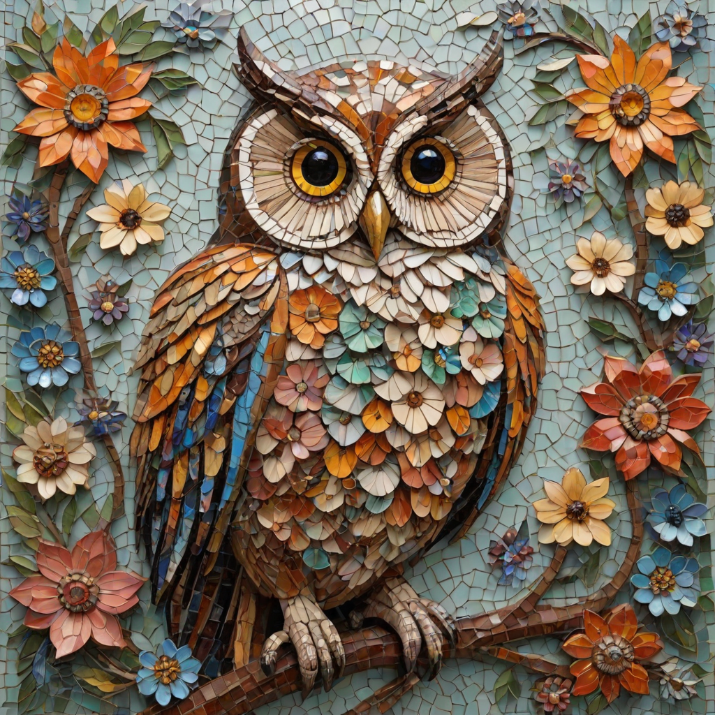 A mosaic of floral owls, one owl intricately composed of individual flower blossoms. The design showcases a delicate balance of nature and form, where the feathers of the owls are replaced by vibrant petals and blooms. The overall appearance is whimsical yet detailed, with each floral element contributing to the intricate patterns of the owl’s body. The artwork embraces a raw, organic style, with natural hues and soft textures, creating a harmonious blend of flora and fauna. The mosaic arrangement adds depth and visual intrigue to the piece, evoking a sense of wonder and artistic beauty.