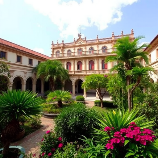 Regenerate the image of a lush courtyard with a historical building in the background featuring ornate architecture, taken with a DSLR camera at f/8 aperture, ISO 100, shutter speed 1/250s, in natural light, using a wide-angle lens to capture the entire scene with vibrant colors and sharp details.