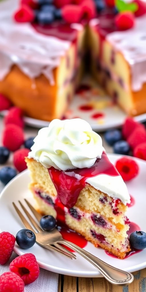 A slice of berry cake on a white plate topped with whipped cream and berry sauce, surrounded by fresh raspberries and blueberries, with a vintage fork beside it and a whole cake in the background.