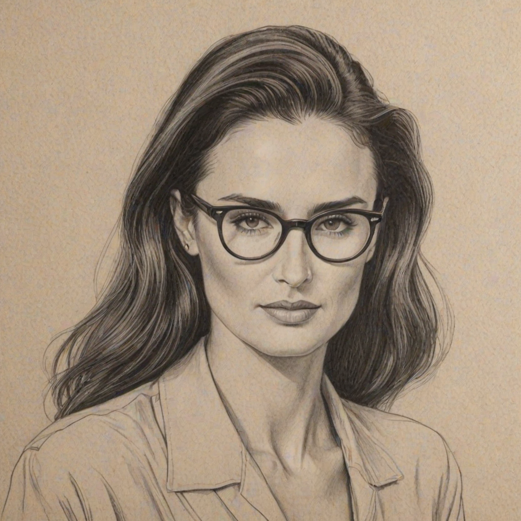 Sublime Demi Moore, pencil sketch, portrait of Graceful woman 1945s in glasses, hair style beatnik, outline, clear lines, fine lines, 8k