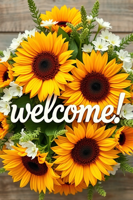 Create an image of a colorful floral arrangement featuring sunflowers, white flowers, and greenery surrounding the word "welcome!" in a playful and elegant font, shot with a Canon EOS R5, 50mm lens, f/2.8 aperture, natural soft light, high-resolution, top-down view.