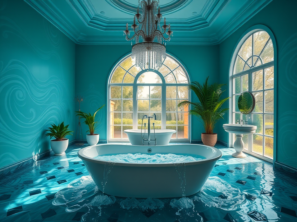 a luxurious bathroom scene featuring a freestanding bathtub surrounded by cascading water, vibrant teal walls with a swirling design, elegant chandelier overhead, large arched windows letting in natural light, lush greenery, high dynamic range, f/2.8 aperture, ISO 100, 24mm lens, soft focus for a dreamy effect, captured with a DSLR camera in a wide-angle view