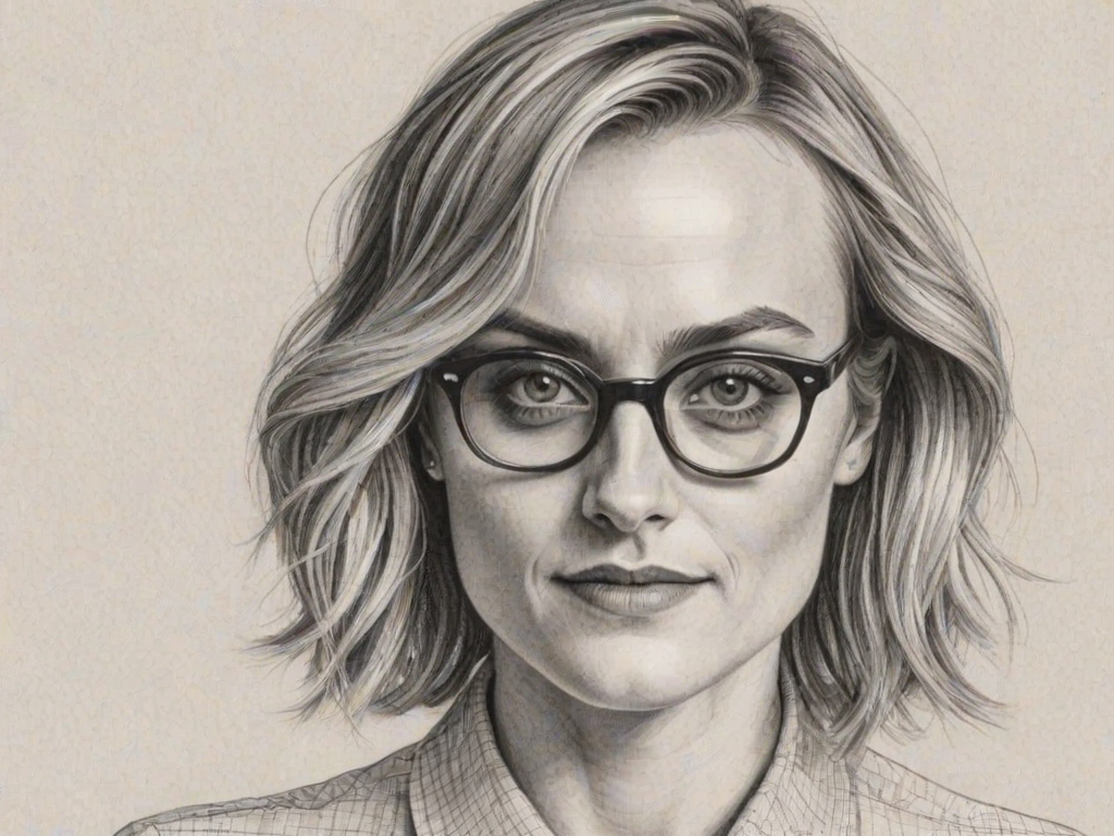 Resplendent Taylor Schilling, pencil sketch, portrait of Superb woman 1979s in glasses, hair style beatnik, outline, clear lines, fine lines, 8k