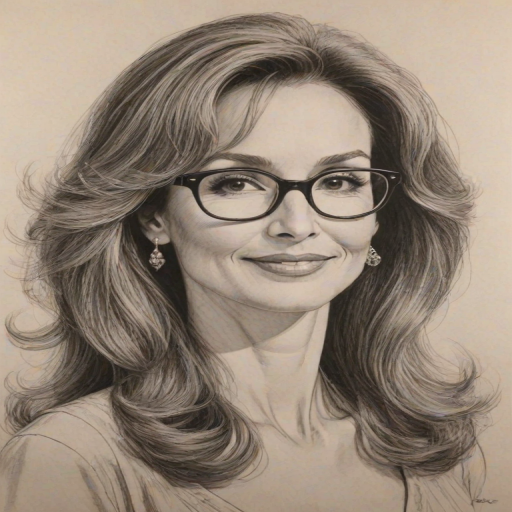 Radiant Susan Lucci, pencil sketch, portrait of Graceful woman 1972s in glasses, hair style beatnik, outline, clear lines, fine lines, 8k