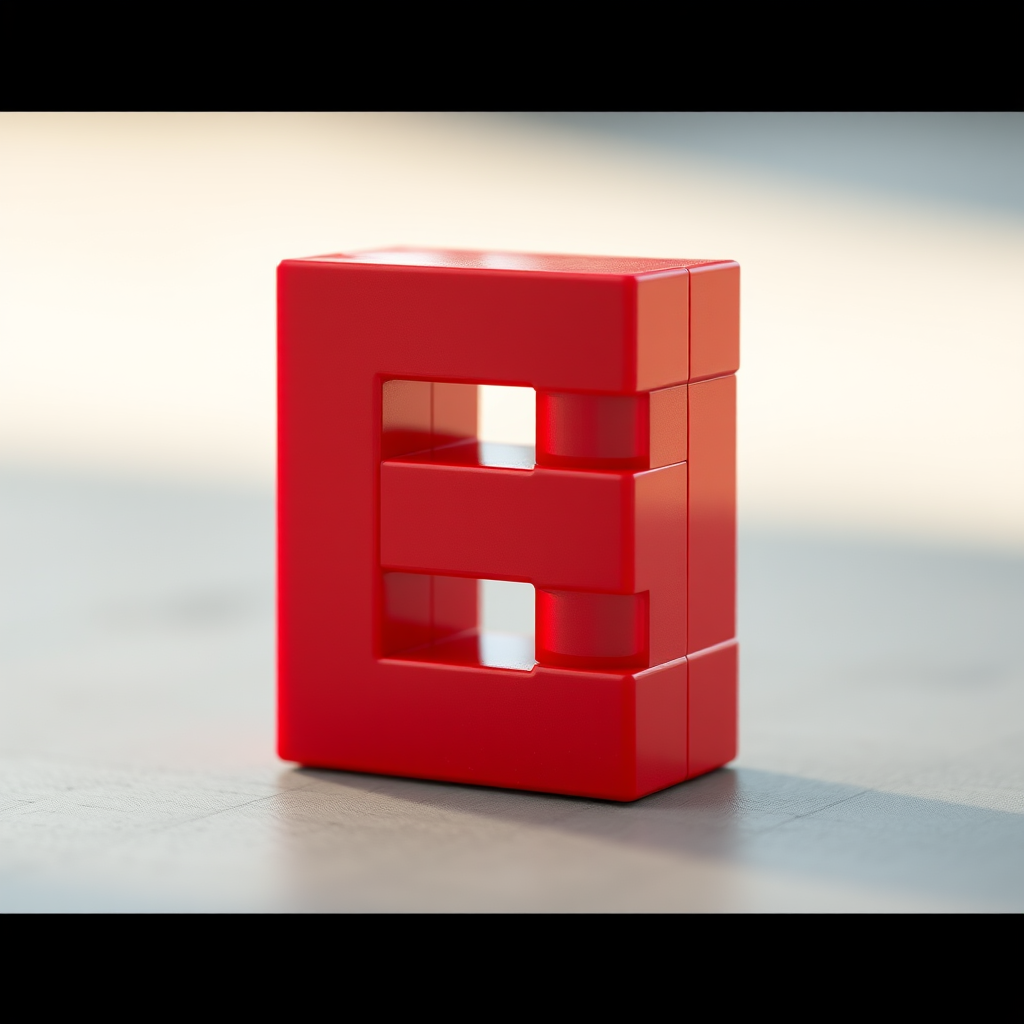 Create a detailed 3D rendering of a red LEGO block shaped like the letter E, use a Canon EOS R5, aperture f/8, ISO 100, 50mm lens, shallow depth of field, and soft natural lighting to enhance shadows and highlights.