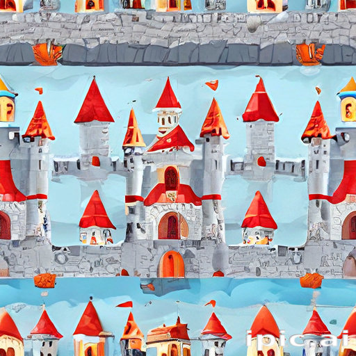 Colorful Fantasy Castle Scene with Bright Red Roofs and Turrets