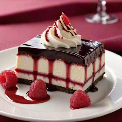 Create an image of a decadent layered dessert featuring a creamy white filling with a swirl of raspberry sauce on top. The dessert sits on a dark chocolate crust and has a smooth, glossy finish. Include fresh raspberries and white chocolate shavings as garnishes on the plate. The background should be simple and elegant to highlight the dessert.