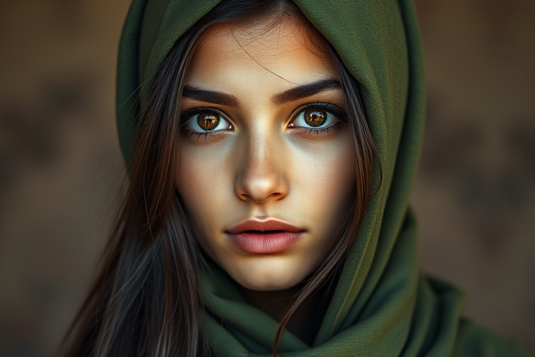 Create a portrait of a young Middle Eastern woman with long, dark hair and captivating hazel eyes. She is wearing a green headscarf and a matching scarf draped gracefully around her neck. The background is softly blurred, focusing attention on her serene and natural expression. The overall color palette is muted and warm, enhancing the intimate and authentic feel of the portrait.