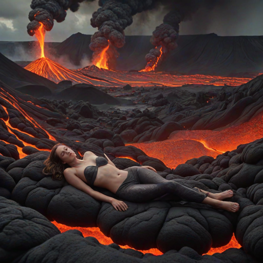 A surreal, detailed image of a woman lying comfortably in flowing lava, with gray smoke rising around her. She appears relaxed despite the molten surroundings, with a volcanic landscape and distant mountains in the background. The scene is vivid, with the bright lava contrasting against the dark, smoky atmosphere.