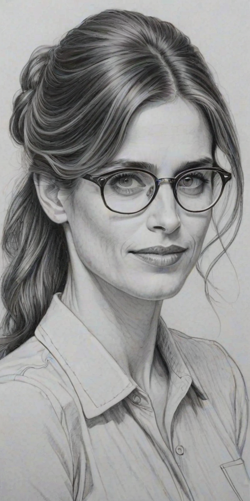 Elegant Amanda Peet, pencil sketch, portrait of Comely woman 1945s in glasses, hair style beatnik, outline, clear lines, fine lines, 8k