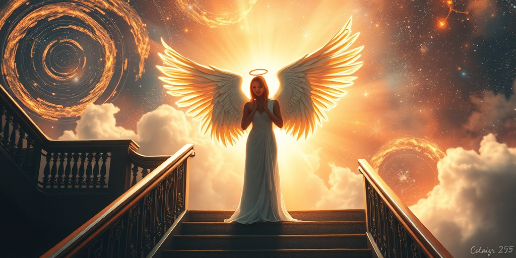 Create a high-resolution digital painting of an angel with majestic wings standing on a staircase amidst a celestial backdrop with swirling galaxies and ethereal light, using a Canon EOS R5, 50mm lens, f/1.8 aperture, ISO 100, at golden hour for dramatic lighting.