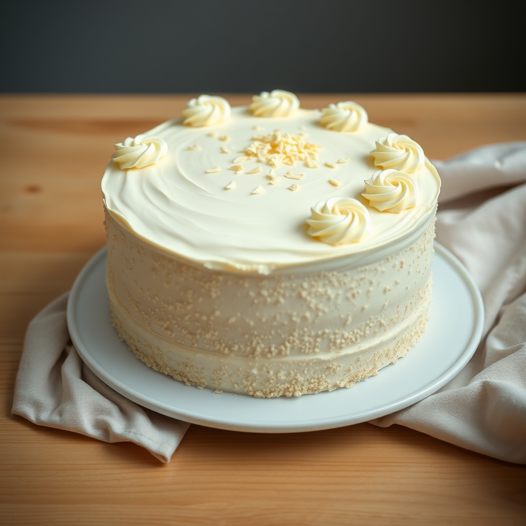 Create an image of a round white cake with smooth icing and decorative swirls on the top and bottom edges set on a white plate on a wooden table with a soft cloth beside it. The cake should have a textured finish on the sides and be topped with small white chocolate shavings. The background should be softly blurred to emphasize the cake.