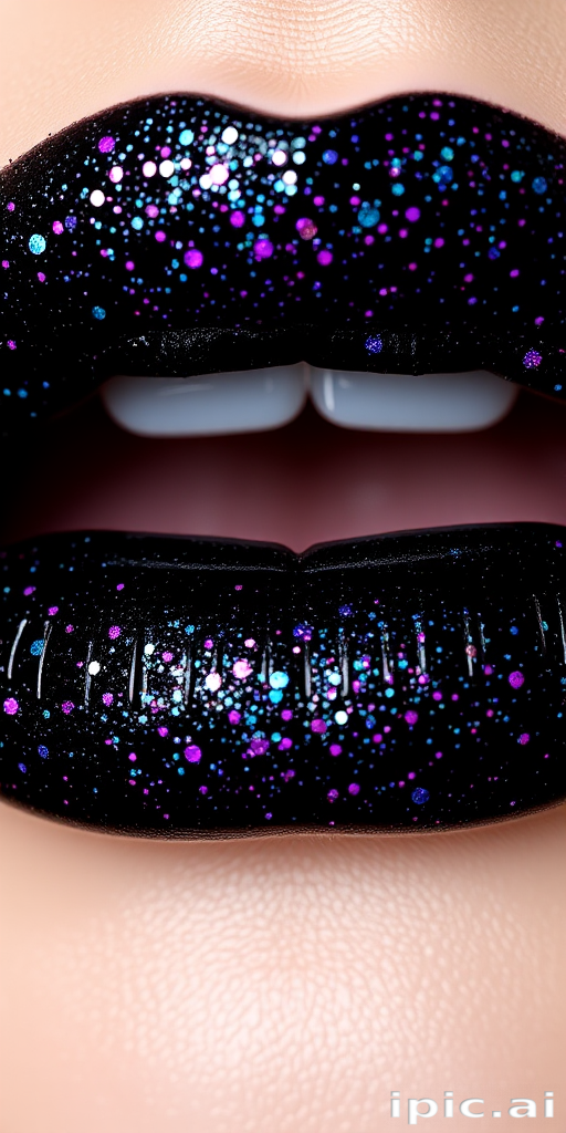 Glittery black lip gloss "Starry Night" packed with multi-colored shimmer particles, perfect for edgy and punk-inspired looks, non-sticky and comfortable formula
