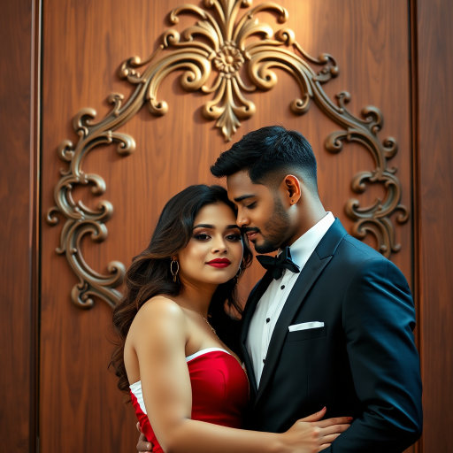 couple in formal attire posing romantically against an ornate wooden backdrop, soft natural lighting, portrait orientation, 50mm lens, f/1.8 aperture, ISO 100, shallow depth of field, DSLR camera