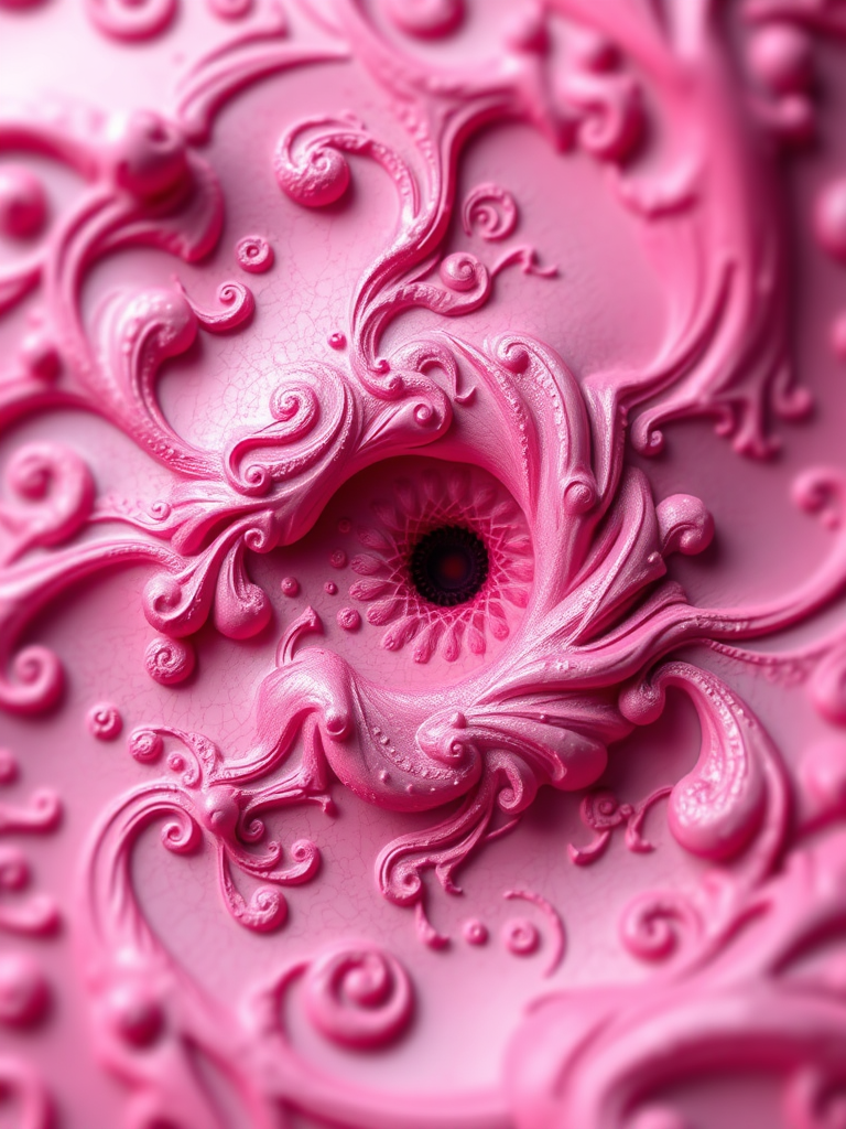 Generate a high-resolution fractal image with intricate pink patterns and swirling designs, using a Canon EOS R5 camera, f/2.8 aperture, ISO 100, 50mm lens, and a shallow depth of field for rich detail and clarity.