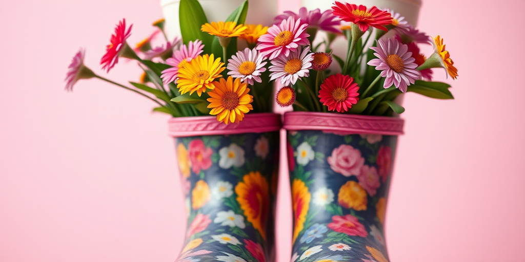 Create an image of colorful flowers blooming from a pair of floral-patterned rubber boots, with a soft pastel background, using a DSLR camera with a 50mm lens, aperture f/1.8, ISO 100, and natural light, capturing a close-up view with a shallow depth of field.