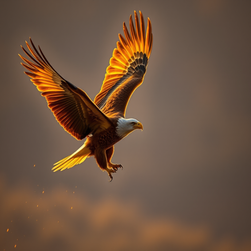 A majestic golden eagle soaring through the air with fiery sparks and glowing feathers, shot with a Canon EOS 5D Mark IV, 50mm lens, f/1.8 aperture, ISO 100, at golden hour for enhanced lighting and detail.