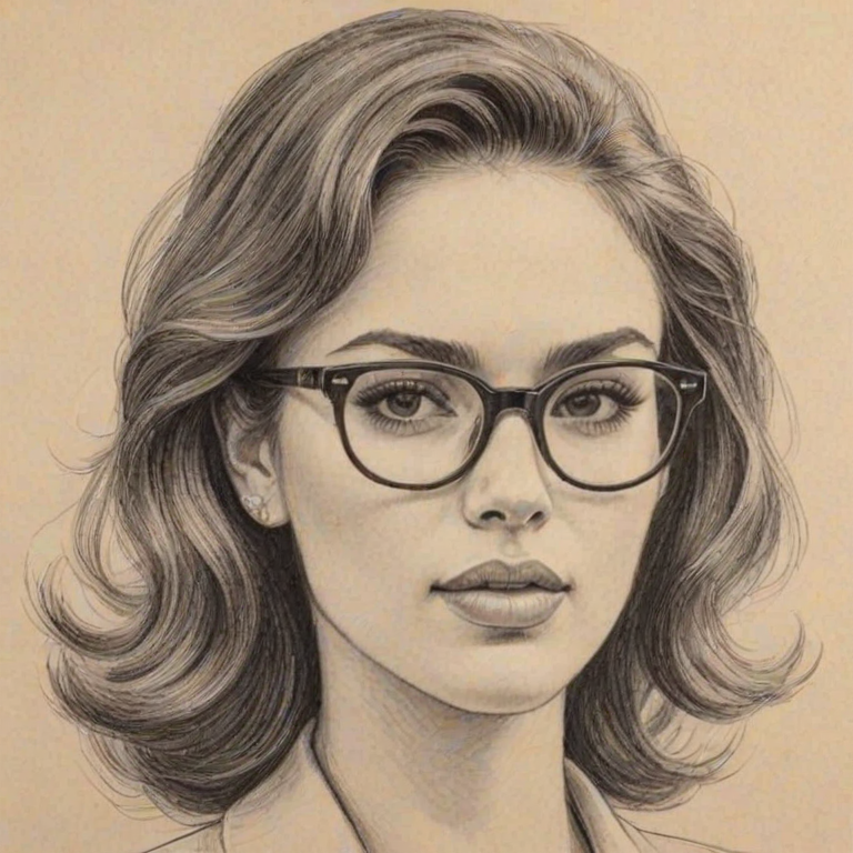 Comely Eiza Gonz'lez, pencil sketch, portrait of Ravishing woman 1959s in glasses, hair style beatnik, outline, clear lines, fine lines, 8k