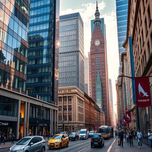 Generate an urban cityscape image of a busy street in Warsaw with modern skyscrapers and historical architecture, capturing reflections on glass buildings, using a Canon EOS R5, 24mm lens, aperture f/8, ISO 100, 1/250s, midday lighting for vibrant colors.