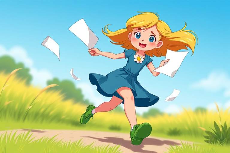 Generate a high-resolution cartoon-style image of a girl with blonde hair running, holding papers flying in the wind, wearing a blue dress with a flower necklace and green shoes, shot with a Canon EOS R5 at f/2.8, ISO 100, 50mm lens, using a vibrant color palette and dynamic perspective to enhance visual depth.