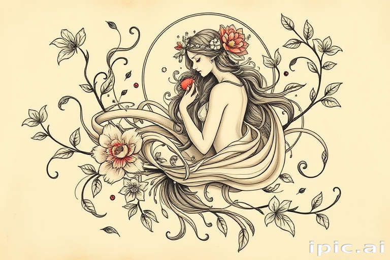 Art nouveau "Whimsical Reverie" tattoo design featuring flowing curves organic forms and nature-inspired elements combined with feminine figures and decorative motifs in a elegant and timeless style