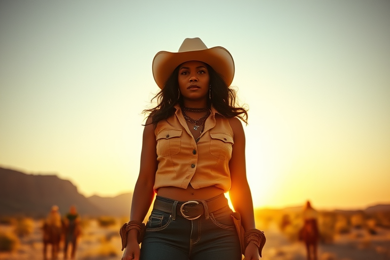 Dramatic photo of a beautiful Cape Verdean woman, classic cowboy attire, confident and free spirit expression, half-length portrait, centered, golden hour desert landscape, warm, diffused light, low angle, medium format film camera, in style of Annie Leibovitz.