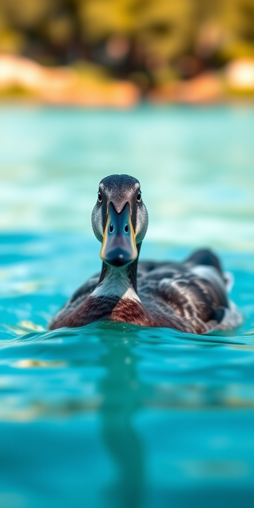 a close-up shot of a duck swimming in clear turquoise water, with soft natural lighting, shallow depth of field, using a DSLR camera with a 50mm lens, aperture set at f/2.8, shutter speed at 1/250s, ISO 200, focus on the duck with a blurred background to enhance the image quality