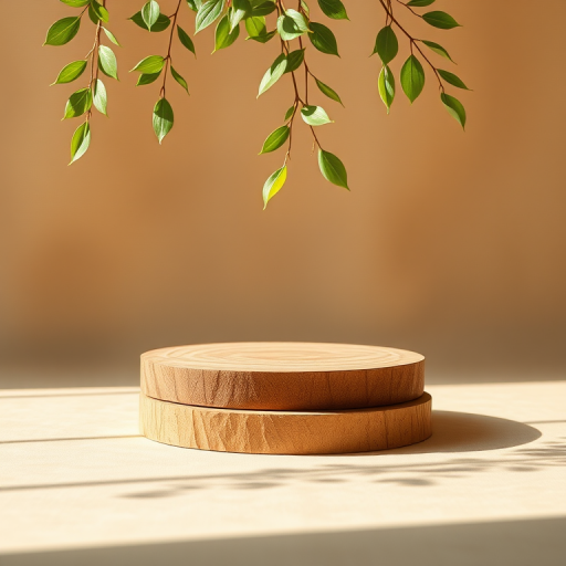 Create a minimalist still life composition featuring two wooden platforms with a soft, earthy background and gentle green leaves cascading from above, using a DSLR camera, aperture f/2.8, shutter speed 1/60s, ISO 100, in natural lighting for enhanced clarity and depth.