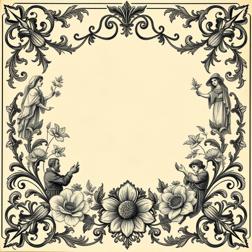 Create a detailed illustration of a vintage border design featuring two figures amidst ornate foliage and decorative elements, captured using a DSLR camera with a 50mm lens, aperture set to f/2.8, ISO 100, in natural light, maximizing clarity and texture.
