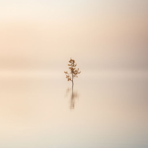 Capture a serene foggy lake scene at dawn with two small trees emerging from the water, reflections visible on the calm surface, use a Canon EOS R5 with a 24-70mm f/2.8 lens, aperture set to f/4, shutter speed 1/60s, ISO 100, and soft natural lighting for an ethereal atmosphere.