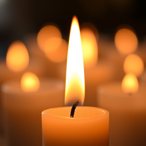 Candle flame close-up, shallow depth of field, ISO 100, f/2.8 aperture, 50mm lens, natural light, DSLR camera, soft focus on surrounding candles.
