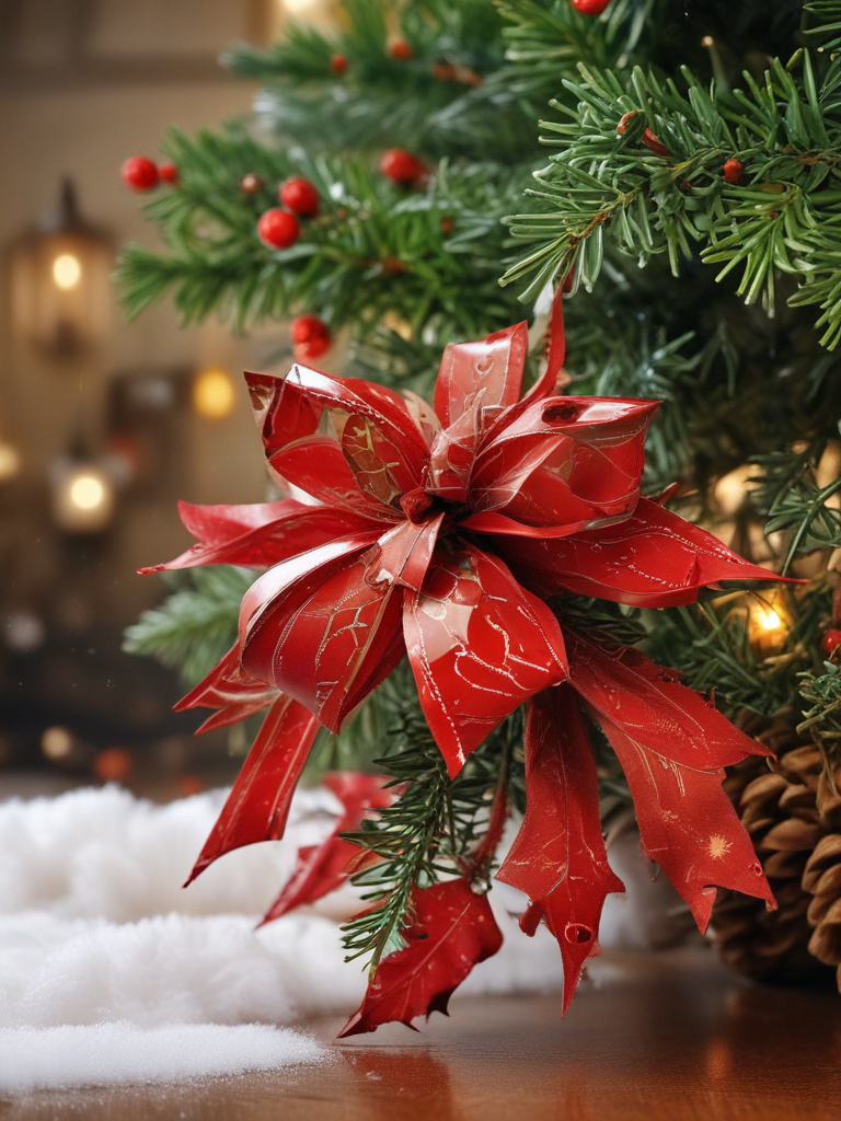 Festive Red Bow on Christmas Tree with Snowy Decor Background