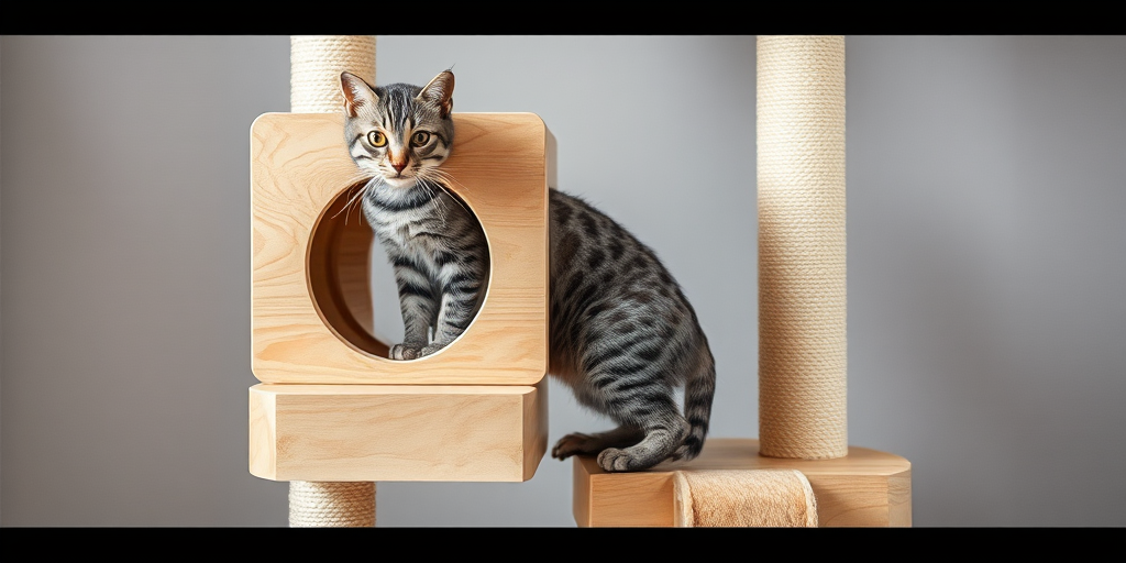 Regenerate an image of a cat tree made of natural wood, featuring a grey spotted cat sitting on one of the platforms, with a neutral grey background, using a DSLR camera, f/2.8 aperture, 1/125 shutter speed, 50mm lens, and soft lighting to enhance detail and texture.