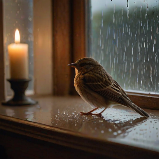 Warmly lit, intimate image of a small bird perched on a windowsill during a rainstorm, droplets of water streaking down the glass, with soft candlelight glowing from the interior of the room.