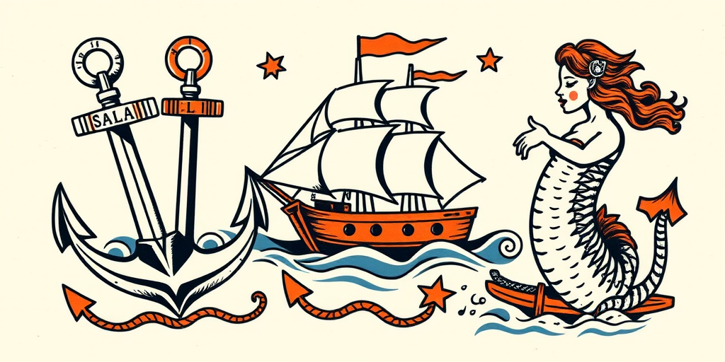 Traditional American tattoo style called "Sailor's Legacy" featuring bold outlines, limited color palette, and classic nautical imagery such as anchors, ships, and mermaids with a vintage aesthetic