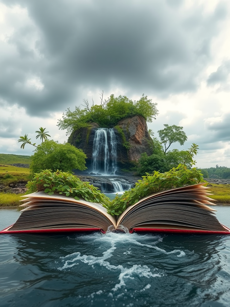 Create a surreal landscape featuring an open book with a flowing waterfall and lush greenery emerging from its pages, set against a cloudy sky, captured with a Canon EOS R5, 24mm lens, f/8 aperture, 1/125 sec shutter speed, ISO 100, wide-angle view, and soft lighting.
