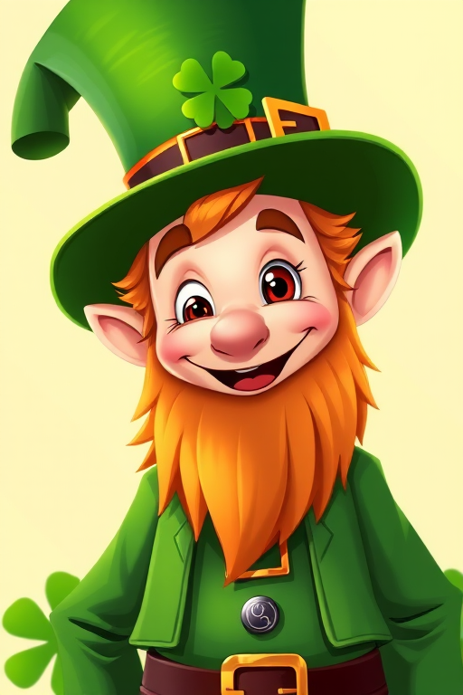Create a high-resolution digital illustration of a cheerful leprechaun character wearing a green hat with a shamrock, standing against a bright background, using a digital camera with a 50mm lens, f-stop at 2.8, ISO 100, and soft lighting to enhance colors and details.