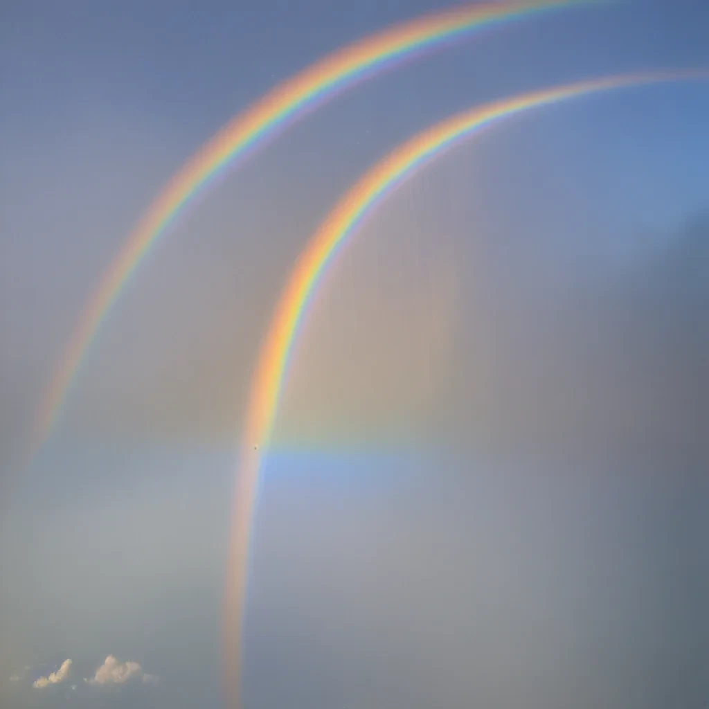 Beautiful Double Rainbow Arcing Across a Bright Blue Sky with Clouds