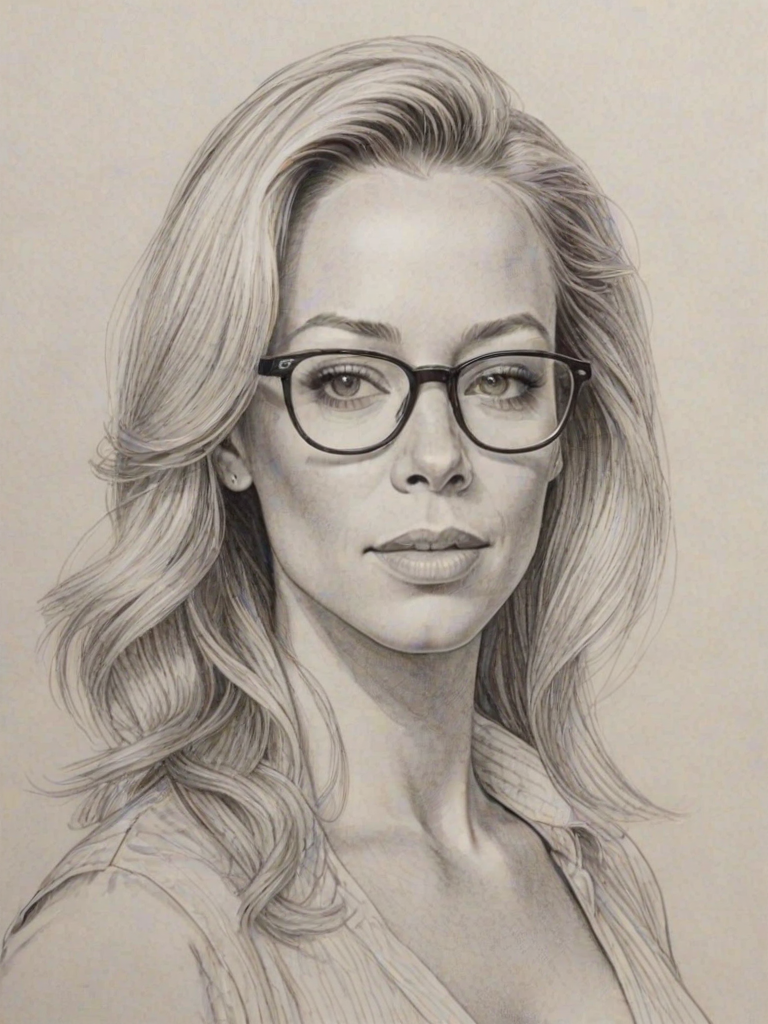 Fetching Kendra Wilkinson, pencil sketch, portrait of Resplendent woman 1978s in glasses, hair style beatnik, outline, clear lines, fine lines, 8k