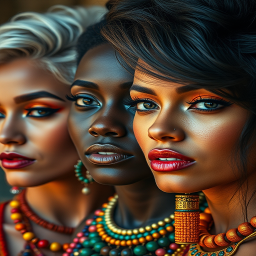 Regenerate a vibrant portrait of three women with distinct hairstyles, bold facial features, and colorful jewelry in a stylized art form, captured with a DSLR camera at 50mm, f/1.8 aperture, ISO 100, with a high dynamic range and saturated colors, in a close-up view.