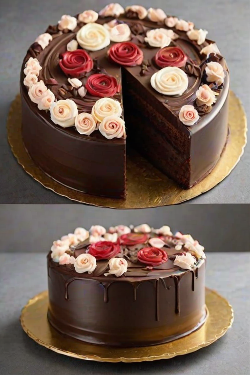 Create an image of a round cake divided into three sections. One section should have a smooth layer of dark chocolate ganache, the second section should be decorated with white frosting and rose designs, and the third section should have a sprinkle of chocolate chips. The cake should be presented on a golden cake board with a simple, elegant background.