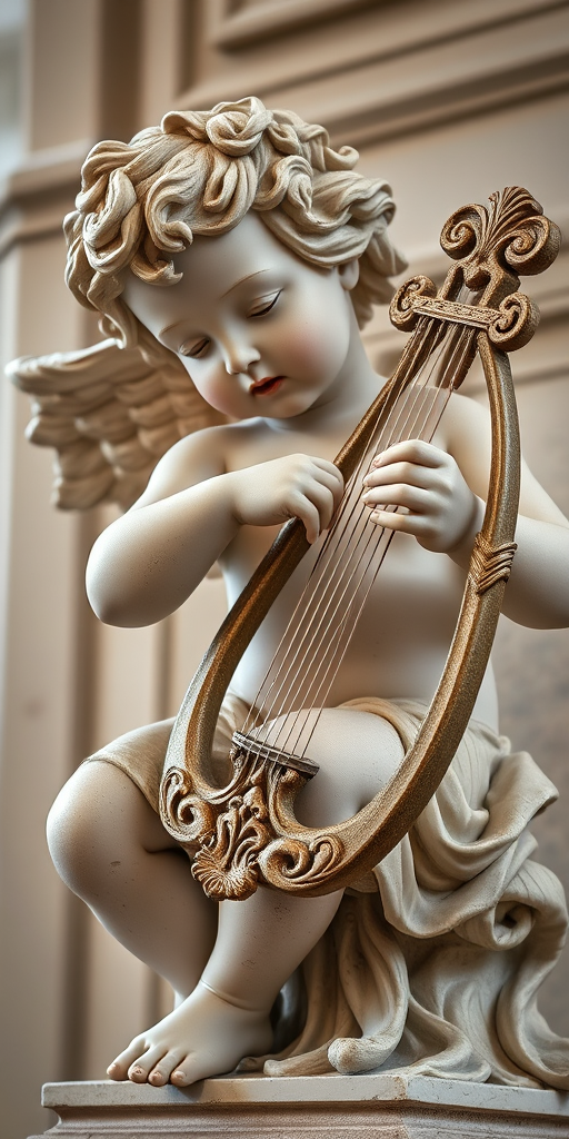 Regenerate the image of a cherubic statue playing a lyre with intricate details, soft lighting, 50mm lens, aperture f/2.8, ISO 100, tripod mounted, side view for depth enhancement.