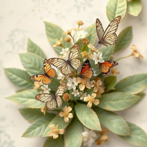 Create a botanical illustration of a plant with delicate leaves and flowers, featuring butterflies in a soft pastel color palette, using a macro lens with f/2.8 aperture, 1/125 sec shutter speed, and ISO 100, shot from an overhead view to enhance details and textures, with a vintage illustration style for a whimsical touch.