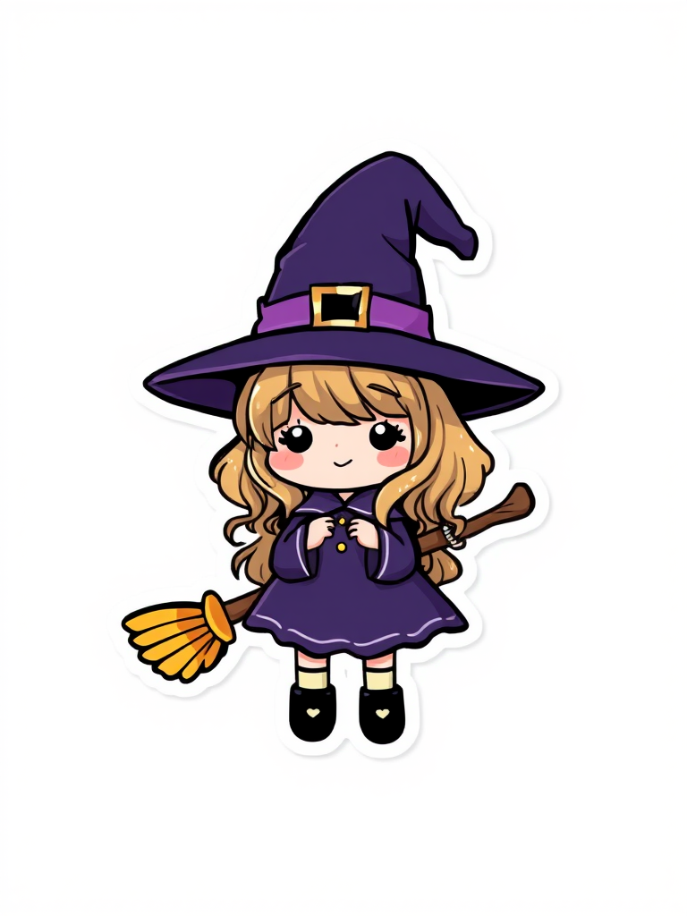 create a kawaii Witch, please! sticker, 3d digital art, grey background, sticker line weight