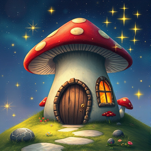 imagine illustration of a mushroom house with a door and a window, a storybook , fantasy art, mushroom house, bg starry sky, sparkles