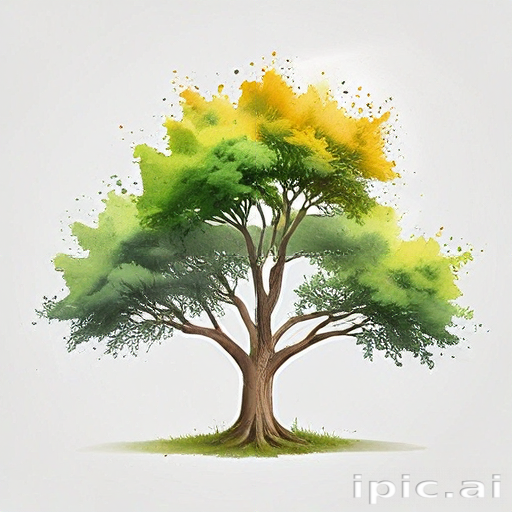 A Vibrant Tree with Lush Green Leaves and Golden Highlights in Art