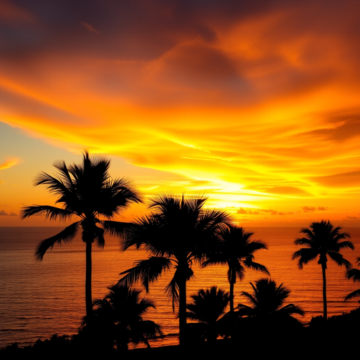 Create a vibrant sunset over a calm ocean with silhouetted palm trees in the foreground using a DSLR camera set to aperture f/11, ISO 100, shutter speed 1/125s, taken from a low angle wide shot to capture the expansive sky and reflections on the water.